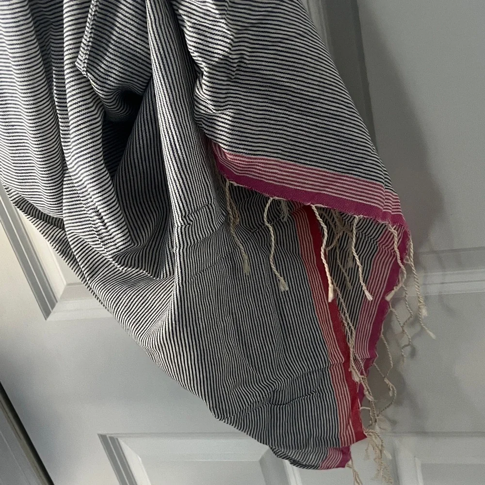 100% Cotton Nautical Striped Scarf /Wrap with Pink Trim tassels